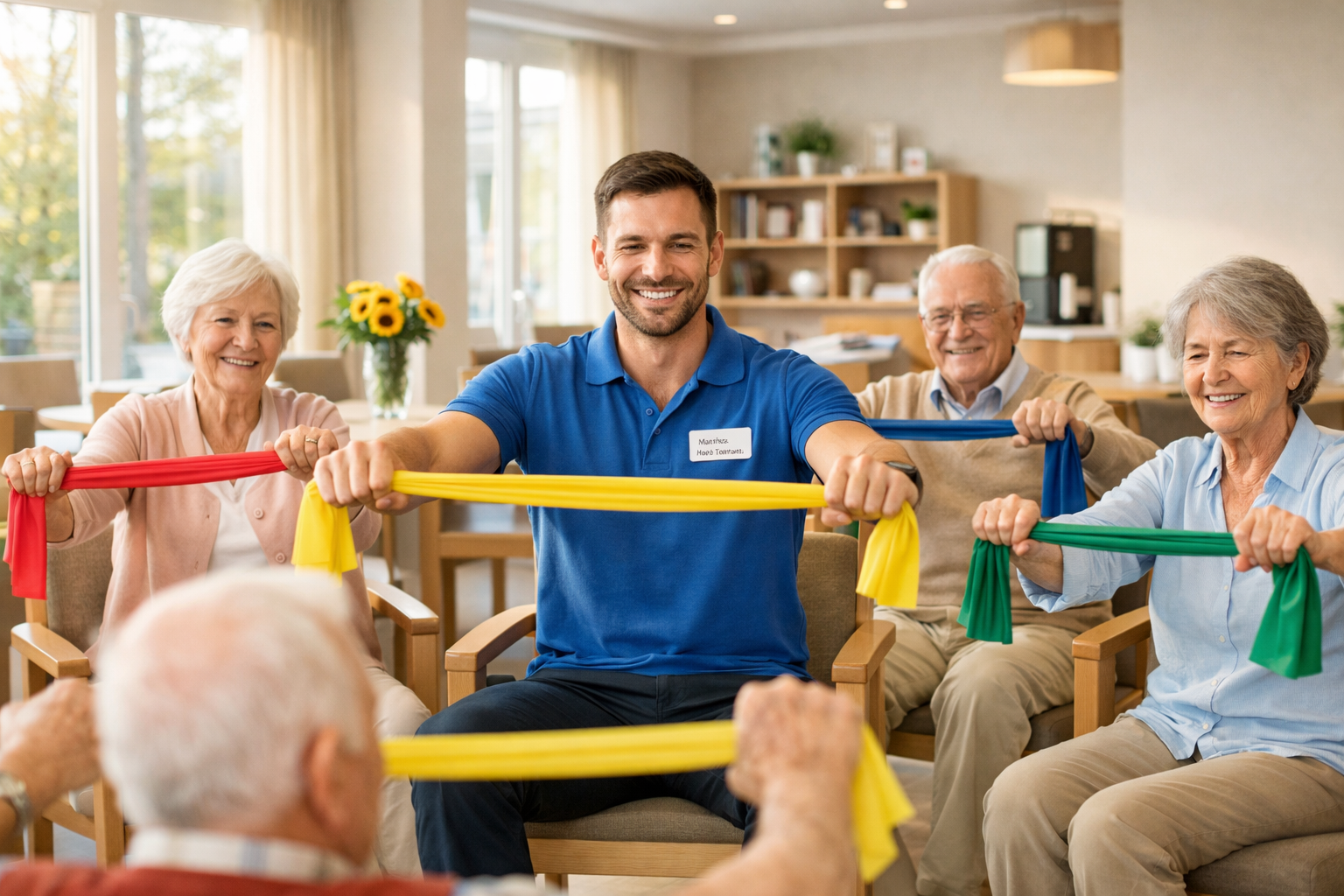 Zertifizierter Sporttherapeut leitet Gruppe von Senioren in einer Pflegeeinrichtung